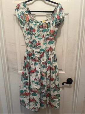 Bernie Dexter Jodi General Store Scenic Print Casual Dress Teal, Red & White